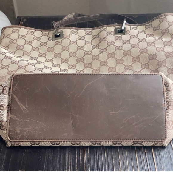 Vintage Gucci GG Signature Logo Brown Canvas Tote Silver Hardware - Picture 9 of 11